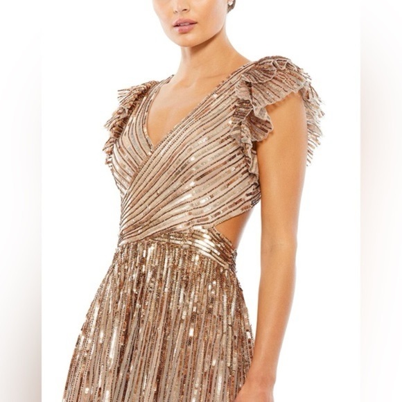 Mac Duggal Sequined Cut Out Ruffled Cap Sleeve Lace Up Back Gown Gold Sz 6 - Picture 3 of 16